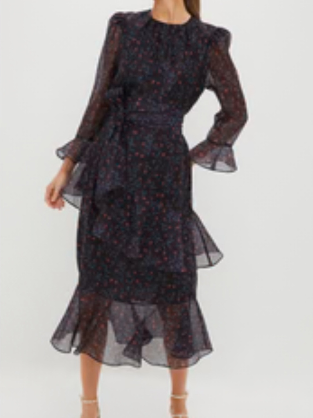 Tuckernuck  Floral Ruffle Midi Dress in Navy with Red Accents-Never Worn